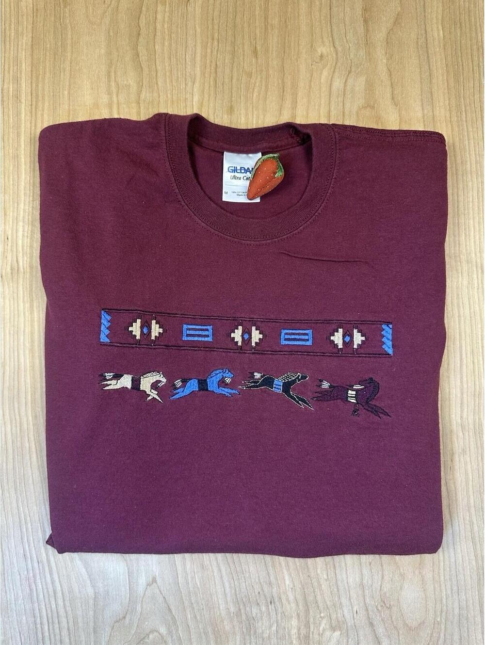 vintage 90's HORSES SOUTH WESTERN embroidered T SHIRT maroon MEDIUM indian AZTEC